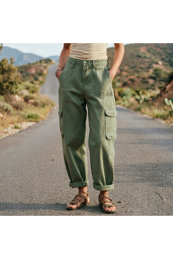 Women's Plus Size Cargo Pants High Waisted with Pockets Cuffed Casual Streetwear Loose Long Trousers Vacation Travel Work, Army Green S
