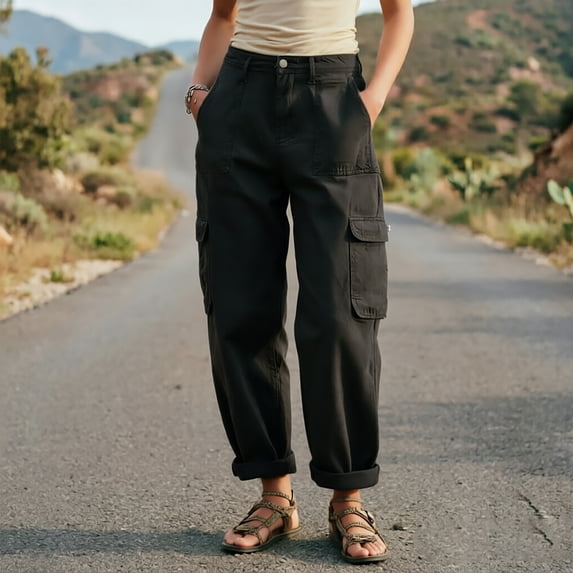 Cagogo Women's Plus Size Cargo Pants High Waisted with Pockets Cuffed Casual Streetwear Loose Long Trousers Vacation Travel Work, Black 2XL