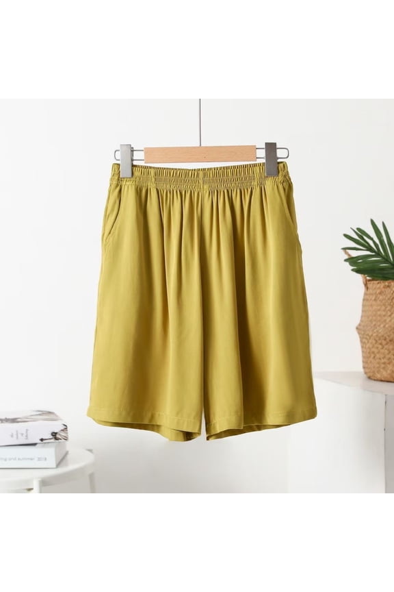 Women's Plus Size Elastic Waist Shorts Flowy Loose Casual Summer Beach Lounge Trousers Cropped Palazzo Style, Yellow 3XL
