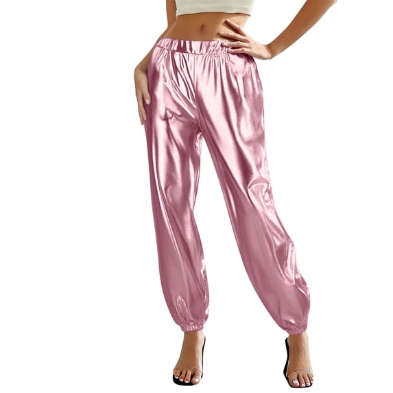Cagogo Women's Plus Size Harem Pants Elastic Waist Flowy Casual Lounge Trousers Loose Wide Leg Palazzo Pants for Party Beach Work, Pink M