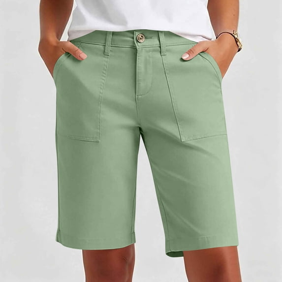 Cagogo Women's Plus Size Mid Rise Straight Shorts with Pockets Solid Casual Regular Fit Travel Summer Shorts, Green S