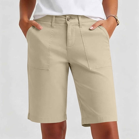 Cagogo Women's Plus Size Mid Rise Straight Shorts with Pockets Solid Casual Regular Fit Travel Summer Shorts, Khaki 3XL