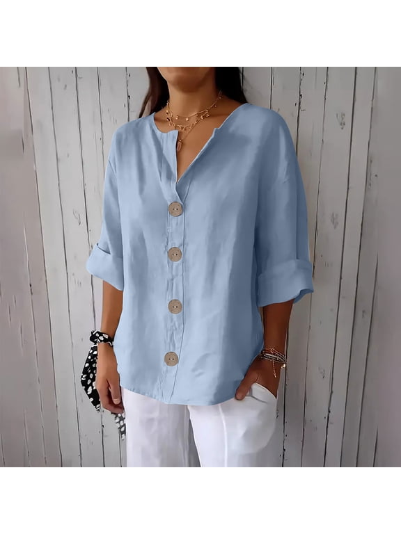 Women's Plus Size V Neck Blouses 3/4 Sleeve Button Down Casual Shirts Loose Summer Tops for Women, Light Blue 3XL
