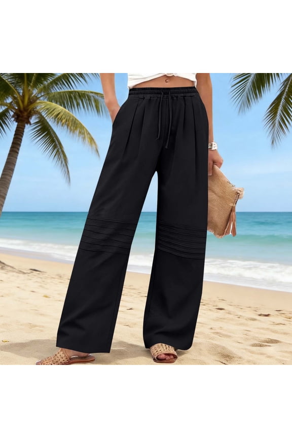 Women's Plus Size Wide Leg Elastic Waist Flowy Loose Long Pants Casual Solid Palazzo Trousers for Beach Work Lounge Summer, Black S