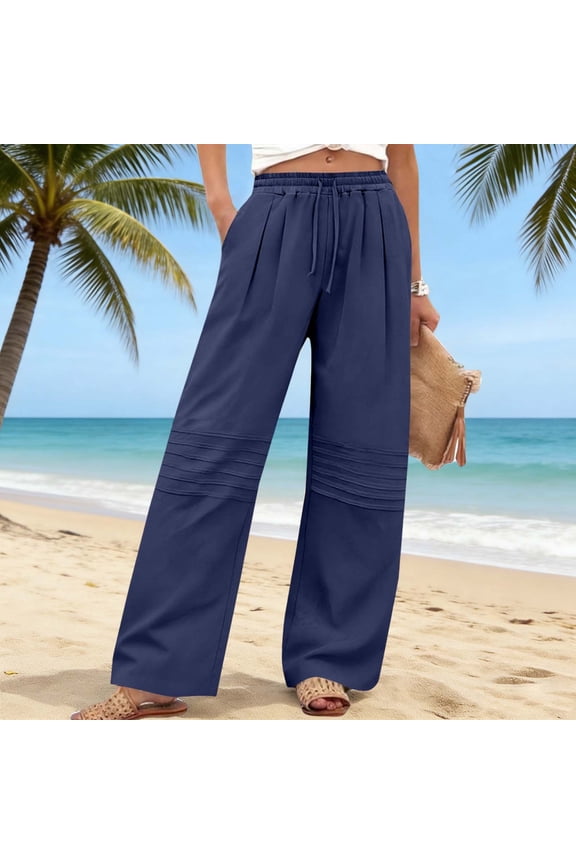 Women's Plus Size Wide Leg Elastic Waist Flowy Loose Long Pants Casual Solid Palazzo Trousers for Beach Work Lounge Summer, Navy M