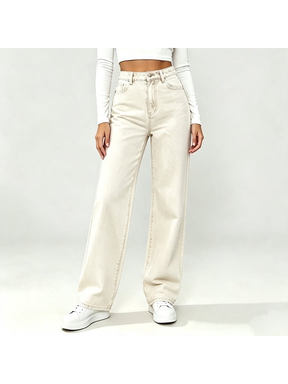 Women's Plus Size Wide Leg High Waisted Pants Casual Solid Streetwear Long Jeans Travel Lounge Trousers Loose Fit Work Outfits, Khaki M