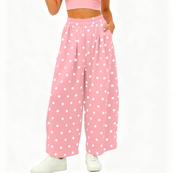 Cagogo Women's Polka Dot Wide Leg Trousers Elastic Waist Casual Loose Long Pants with Pockets Travel Beach Work Lounge Palazzo Pants Summer Fashion Clothes, Pink 2XL