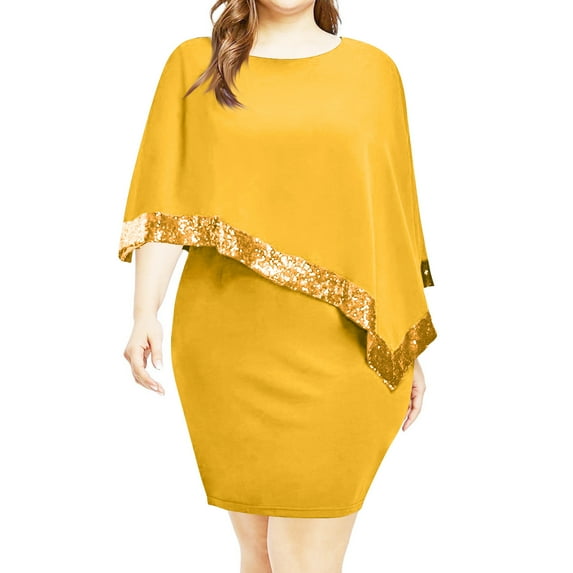 Cagogo Women's Sleeveless Mesh Cape Dress with Chiffon Overlay Sequin Bodycon Pencil Dress Cold Shoulder Wedding Guest Mini Dresses