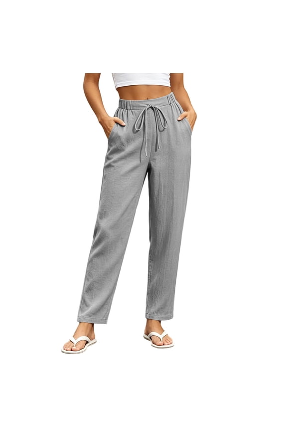 Women's Straight Leg Elastic Waist Pants with Pockets Casual Loose Ankle Trousers Solid Summer Beach Vacation Work Lounge, Gray 2XL