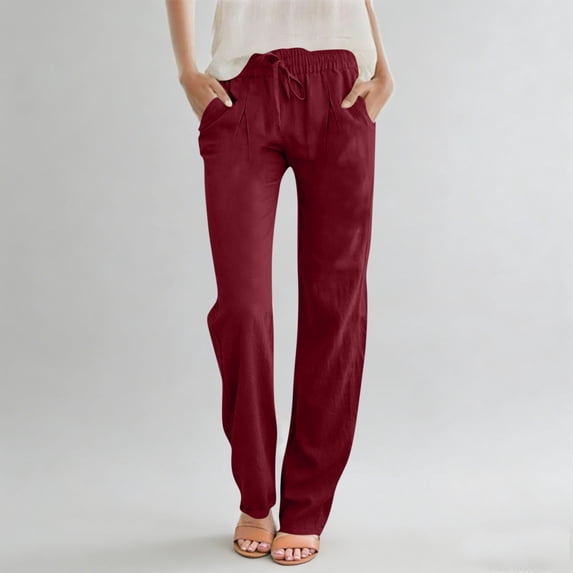 Cagogo Women's Straight Leg Elastic Waist Pants with Pockets Solid Casual Lounge Long Pants Vacation Travel Trousers Summer Beach Work Office, Wine M