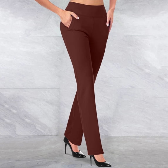Cagogo Women's Straight Leg High Waisted Trousers with Pockets Solid Basic Casual Office Long Pants Work Trousers Dressy Daily Travel Wear, Coffee 2XL