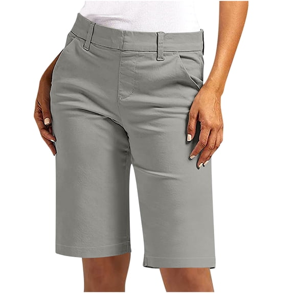 Cagogo Women's Straight Leg Mid Rise Shorts with Pockets Solid Casual Everyday Bermuda Shorts Vacation, Gray XL