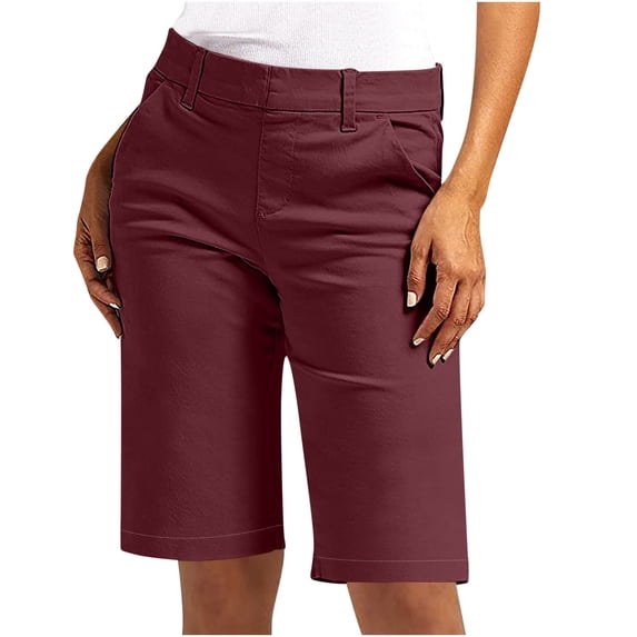Cagogo Women's Straight Leg Mid Rise Shorts with Pockets Solid Casual Everyday Bermuda Shorts Vacation, Wine M