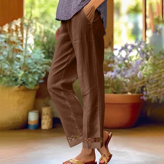 Cagogo Women's Straight Leg Mid Rise Trousers Solid Casual Everyday Ankle Pants with Pockets Regular Fit Work Pants Lounge Trousers Stretchy Walking Office Travel, Brown L