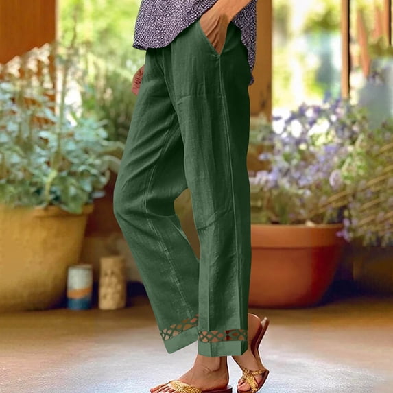 Cagogo Women's Straight Leg Mid Rise Trousers Solid Casual Everyday Ankle Pants with Pockets Regular Fit Work Pants Lounge Trousers Stretchy Walking Office Travel, Army Green L