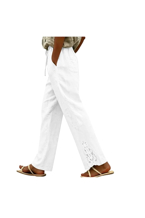 Women's Straight Leg Trousers Elastic Waist Pants with Pockets Solid Casual Long Pants for Travel Vacation Lounge Work Wear Fall Outfits, White L