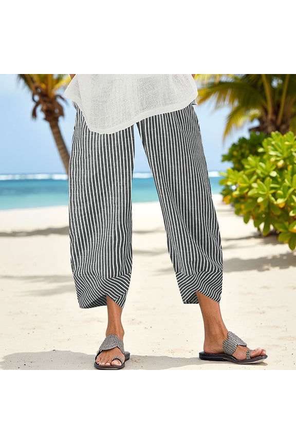 Women's Striped Wide Leg Capri Pants Elastic Waisted Flowy Casual Summer Lounge Pants Harem Trousers Beach Party Wear, Gray 2XL