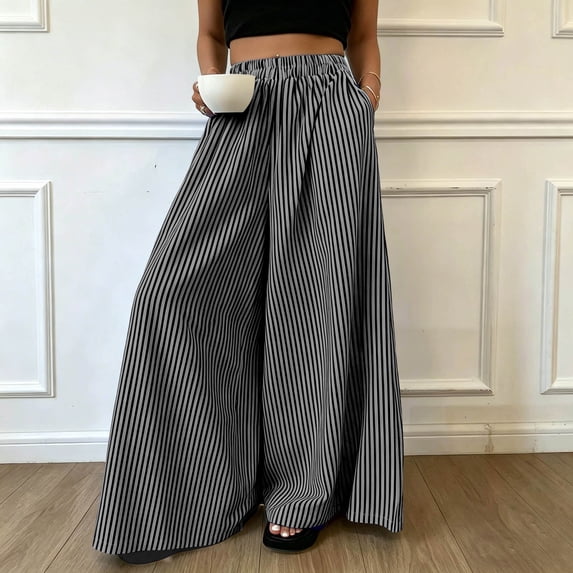 Cagogo Women's Striped Wide Leg Pants Elastic Waist Casual Loose Flowy Long Trousers for Summer Beach Travel Lounge Palazzo Style, Black M