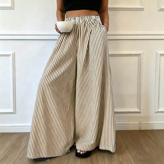 Cagogo Women's Striped Wide Leg Pants Elastic Waist Casual Loose Flowy Long Trousers for Summer Beach Travel Lounge Palazzo Style, Khaki XL