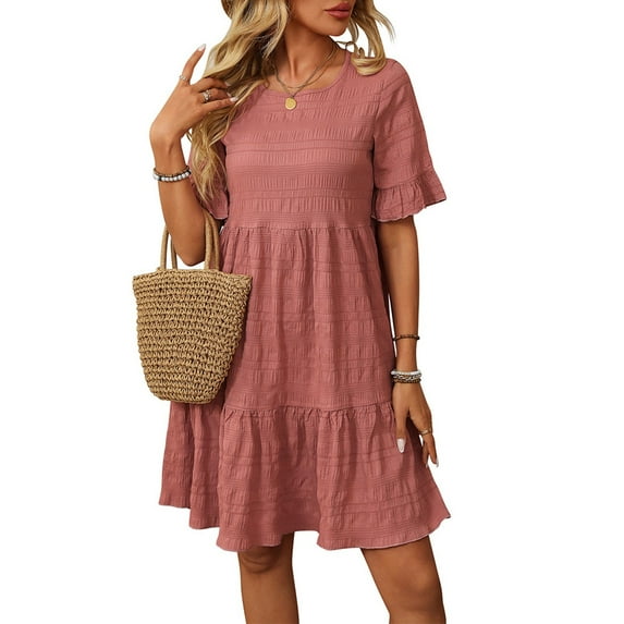 Cagogo Women's Summer Casual Midi Dress 2025 Short Sleeve A-Line T-Shirt Flowy Beach Sundress Loose Bohemian Tiered Pleated Knee Length Party Vacation Sun Dress