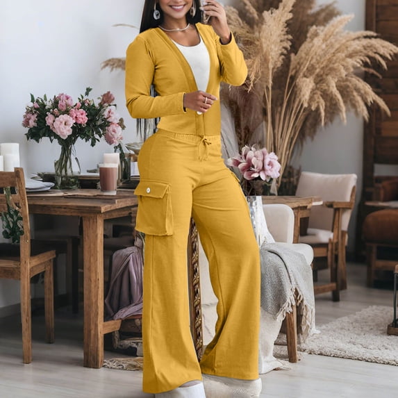 Cagogo Women's V Neck Long Sleeve Cardigan Two Piece Set Wide Leg Pants Casual Lounge Outfits Solid Basic Matching Tracksuits Loungewear Travel Airport Clothes, Yellow M