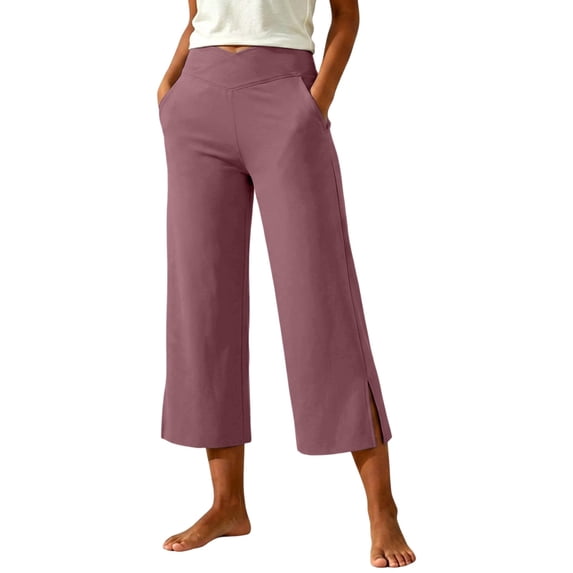 Cagogo Women's Wide Leg Capri Pants Elastic Waist Casual Loose Palazzo Trousers with Pockets Solid Summer Beach Work Lounge Workout Pants, Pink 2XL