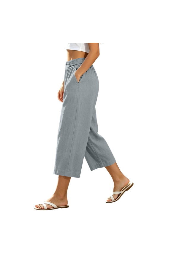 Women's Wide Leg Capri Pants Elastic Waist Loose Solid Casual Palazzo Trousers with Pockets Summer Travel Lounge Work Outfits, Gray S