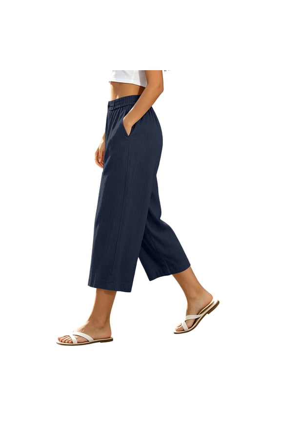 Women's Wide Leg Capri Pants Elastic Waist Loose Solid Casual Palazzo Trousers with Pockets Summer Travel Lounge Work Outfits, Navy M
