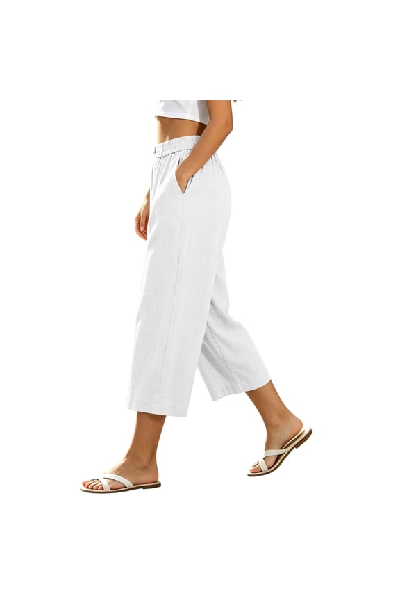 Women's Wide Leg Capri Pants Elastic Waist Loose Solid Casual Palazzo Trousers with Pockets Summer Travel Lounge Work Outfits, White M