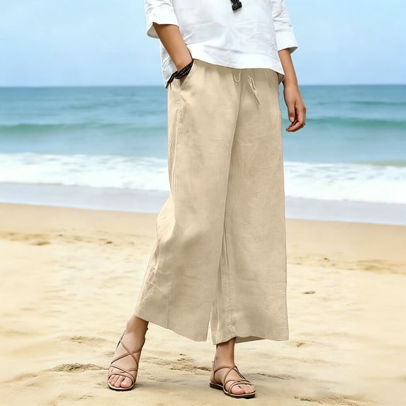 Cagogo Women's Wide Leg Capri Pants Summer Casual Elastic Waisted Cropped Palazzo Pants with Pockets Beach Lounge Trousers Solid Vacation Beachwear, Beige 2XL