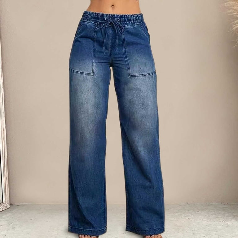 Cagogo Women's Wide Leg Drawstring Flowy Jeans Casual Long Pants