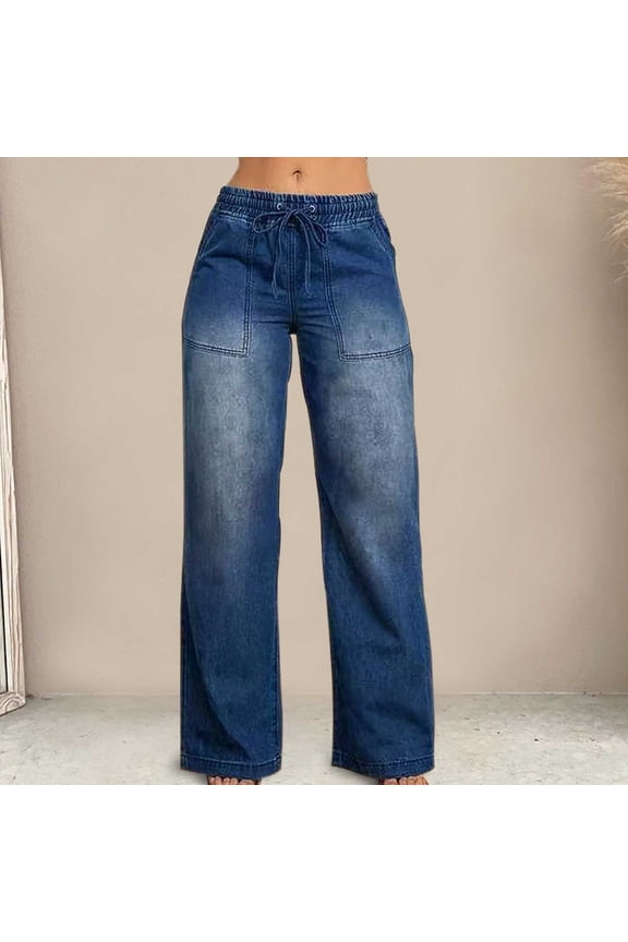 Women's Wide Leg Drawstring Flowy Jeans Casual Long Pants with Pockets Loose Denim Trousers Party Beach Lounge Summer Wear, Dark Blue 2XL