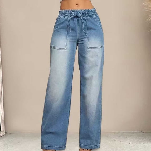 Cagogo Women's Wide Leg Drawstring Flowy Jeans Casual Long Pants with Pockets Loose Denim Trousers Party Beach Lounge Summer Wear, Light Blue L