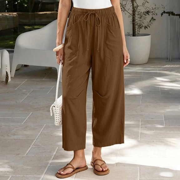 Cagogo Women's Wide Leg Drawstring Loose Pants with Pockets Casual Palazzo Lounge Trousers Travel Vacation Beach Wear Soft Relaxed Fit, Brown L