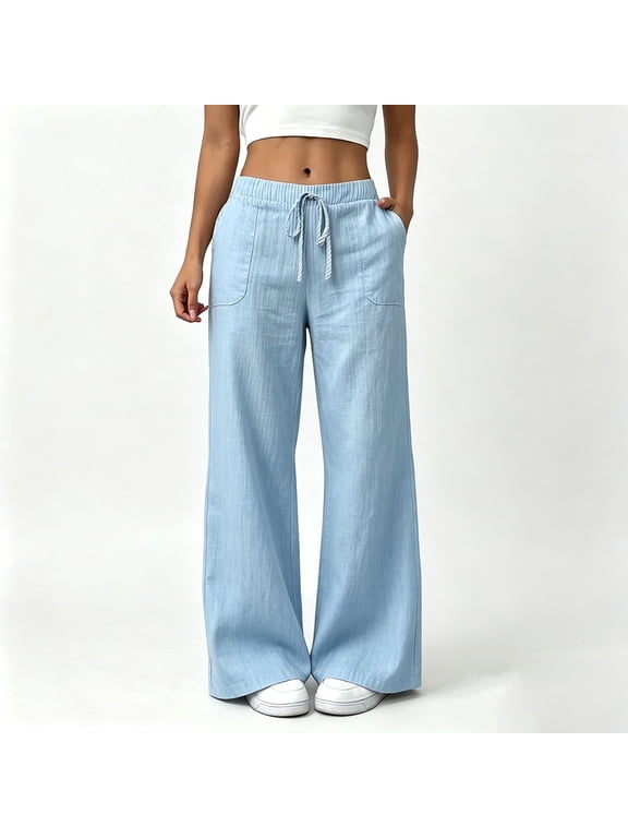 Women's Wide Leg Drawstring Trousers Flowy Casual Loose Pants with Pockets Solid Long Palazzo Trousers Travel Work Lounge Outfits Fall Clothes, Light Blue XL