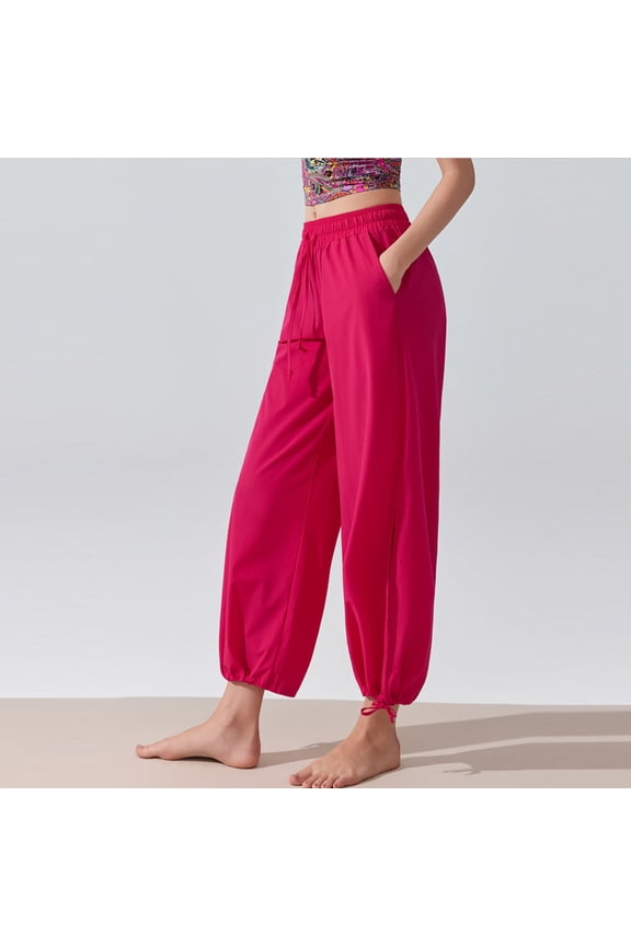 Women's Wide Leg Elastic Waist Flowy Casual Beach Vacation Ankle Pants Solid Harem Palazzo Trousers Summer Lounge Travel, Hot Pink M
