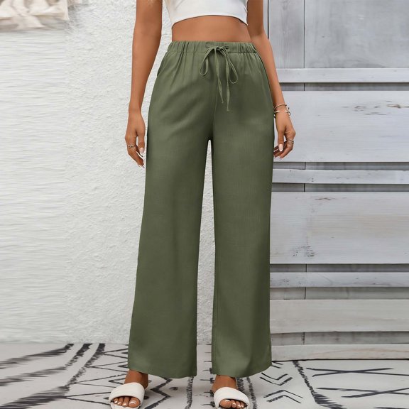 Cagogo Women's Wide Leg Elastic Waist Flowy Casual Lounge Pants Solid Long Trousers Beach Vacation Travel Work, Army Green M