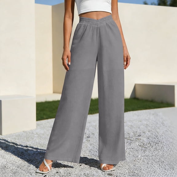 Cagogo Women's Wide Leg Elastic Waist Flowy Solid Casual Loose Long Pants Trousers Summer Beach Vacation Lounge Work, Gray XL