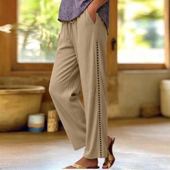 Cagogo Women's Wide Leg Elastic Waist Pants with Pockets Casual Loose Long Trousers Solid Flowy Beach Work Lounge Summer Clothes, Khaki S