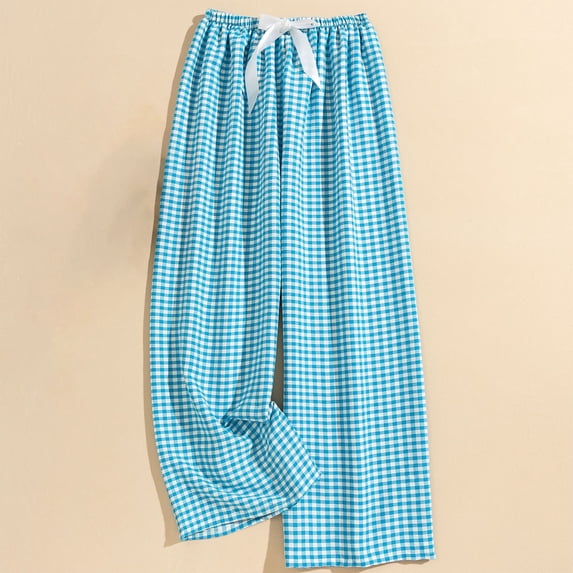 Cagogo Women's Wide Leg Elastic Waist Plaid Casual Lounge Pants Loose Regular Fit Long Palazzo Pajama Pants Soft Cozy Sleepwear, Blue Free Size