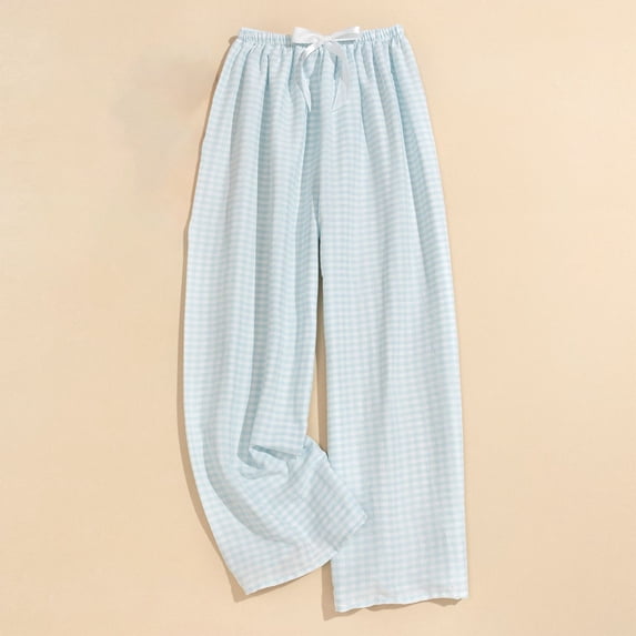 Cagogo Women's Wide Leg Elastic Waist Plaid Casual Lounge Pants Loose Regular Fit Long Palazzo Pajama Pants Soft Cozy Sleepwear, Light Blue Free Size