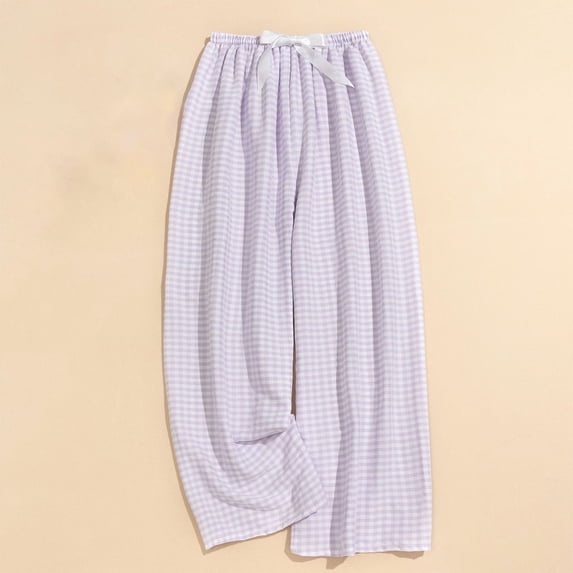 Cagogo Women's Wide Leg Elastic Waist Plaid Casual Lounge Pants Loose Regular Fit Long Palazzo Pajama Pants Soft Cozy Sleepwear, Sky Blue Free Size
