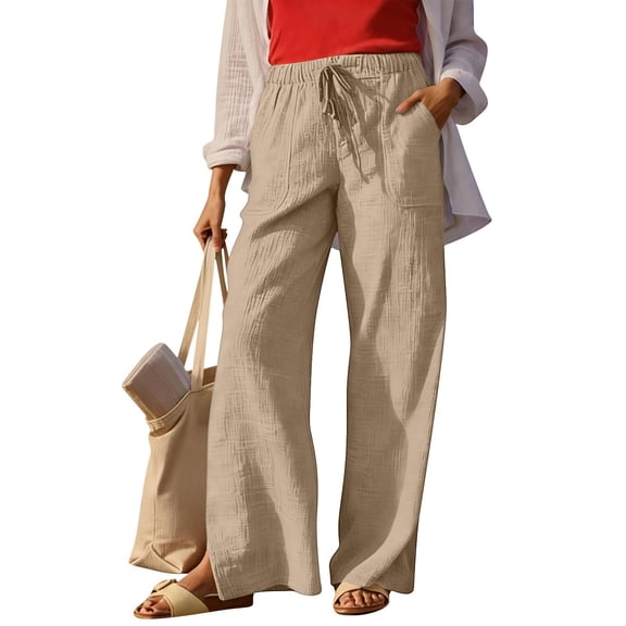 Cagogo Women's Wide Leg Elastic Waist Trousers with Pockets Casual Loose Long Pants Lounge Work Trousers Summer Beachwear Clothes, Beige XL