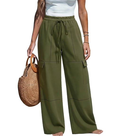 Cagogo Women's Wide Leg High Waisted Cargo Pants with Pockets Casual Solid Loose Long Pants Workout Trousers for Street Lounge Travel, Army Green XL