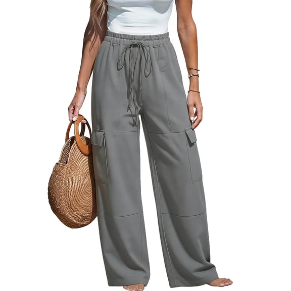 Cagogo Women's Wide Leg High Waisted Cargo Pants with Pockets Casual Solid Loose Long Pants Workout Trousers for Street Lounge Travel, Dark Gray S