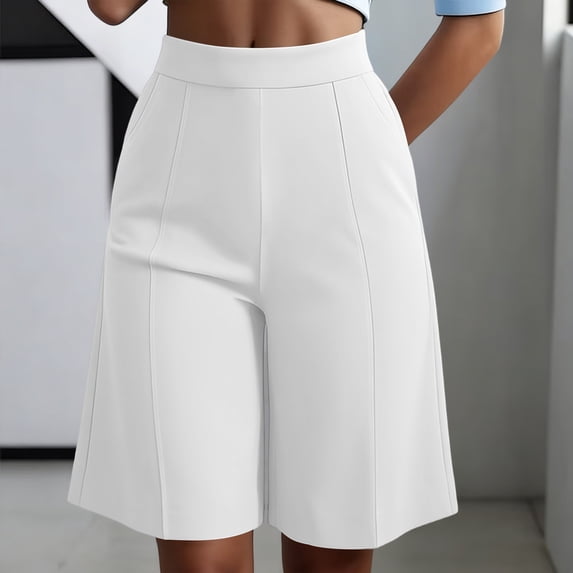 Cagogo Women's Wide Leg High Waisted Flowy Solid Casual Bermuda Shorts Summer Vacation Lounge Pants Elastic Waist Cropped Beach Trousers, White XL