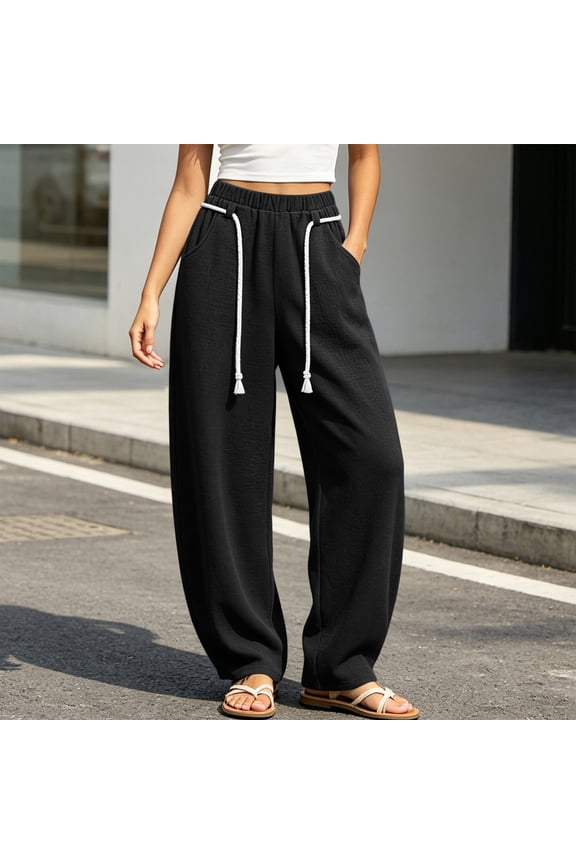 Women's Wide Leg High Waisted Lounge Pants with Pockets Solid Casual Streetwear Long Trousers Travel Work Loungewear Fall Fashion Outfits, Black L
