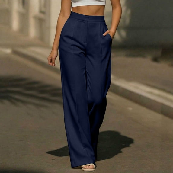 Cagogo Women's Wide Leg High Waisted Trousers with Pockets Flowy Casual Palazzo Pants for Office Workwear Travel Loose Fit Solid Long Pants Fall Outfits, Navy M