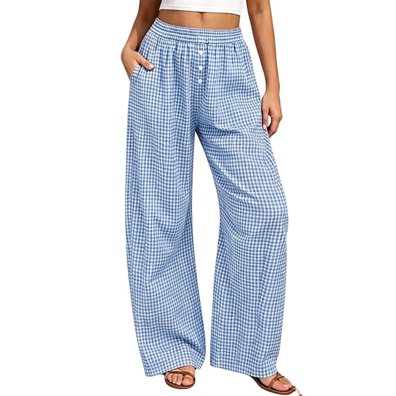 Cagogo Women's Wide Leg High Waisted Trousers with Pockets Plaid Casual Lounge Pants Vacation Travel Work Outfits Fall Fashion Clothes, Navy S