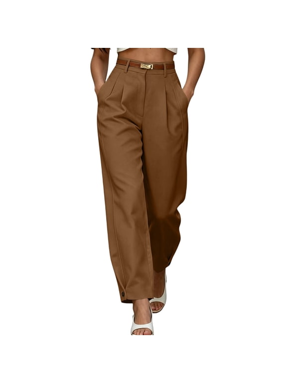 Women's Wide Leg High Waisted Trousers with Pockets Solid Elegant Office Long Pants Work Trousers Casual Dressy Trousers for Women, Brown M